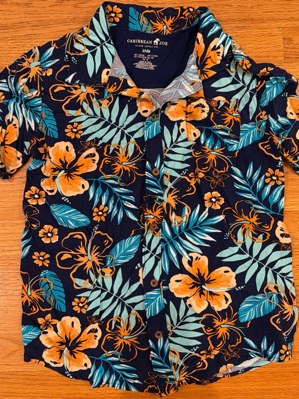Boys L 10/12 Caribbean Joe Navy Tropical Hawaiian Kids Shirt - Orange & Teal
